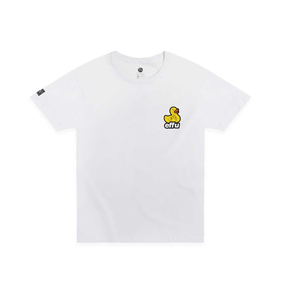 White t-shirt with a small yellow duck logo on the chest on a white background