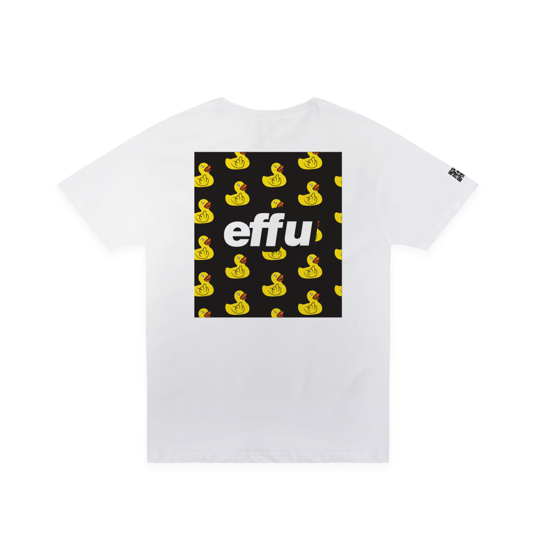 White t-shirt with a black square design featuring yellow rubber ducks and the word 'effu' on a white background.