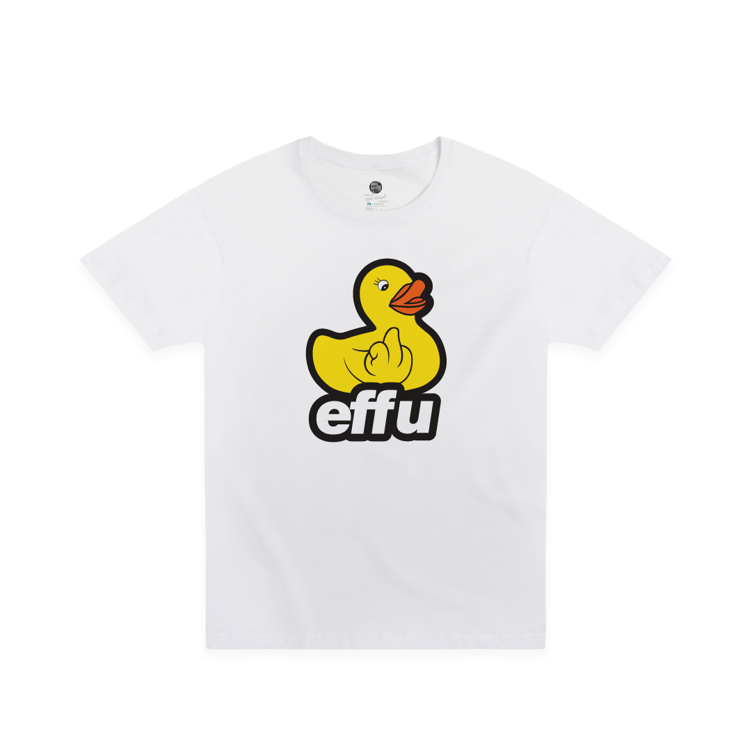 White t-shirt with a large yellow rubber duck graphic and 'effu' text on a white background