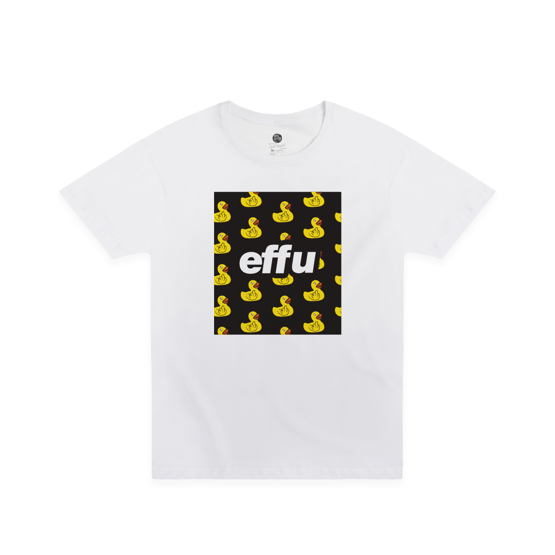 White t-shirt with black square design featuring yellow rubber ducks and 'effu' text on a white background.