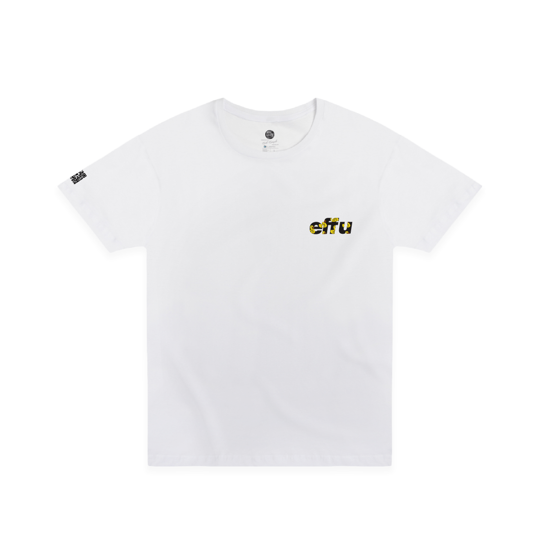 White t-shirt with a black and yellow 'elfu' logo on a white background