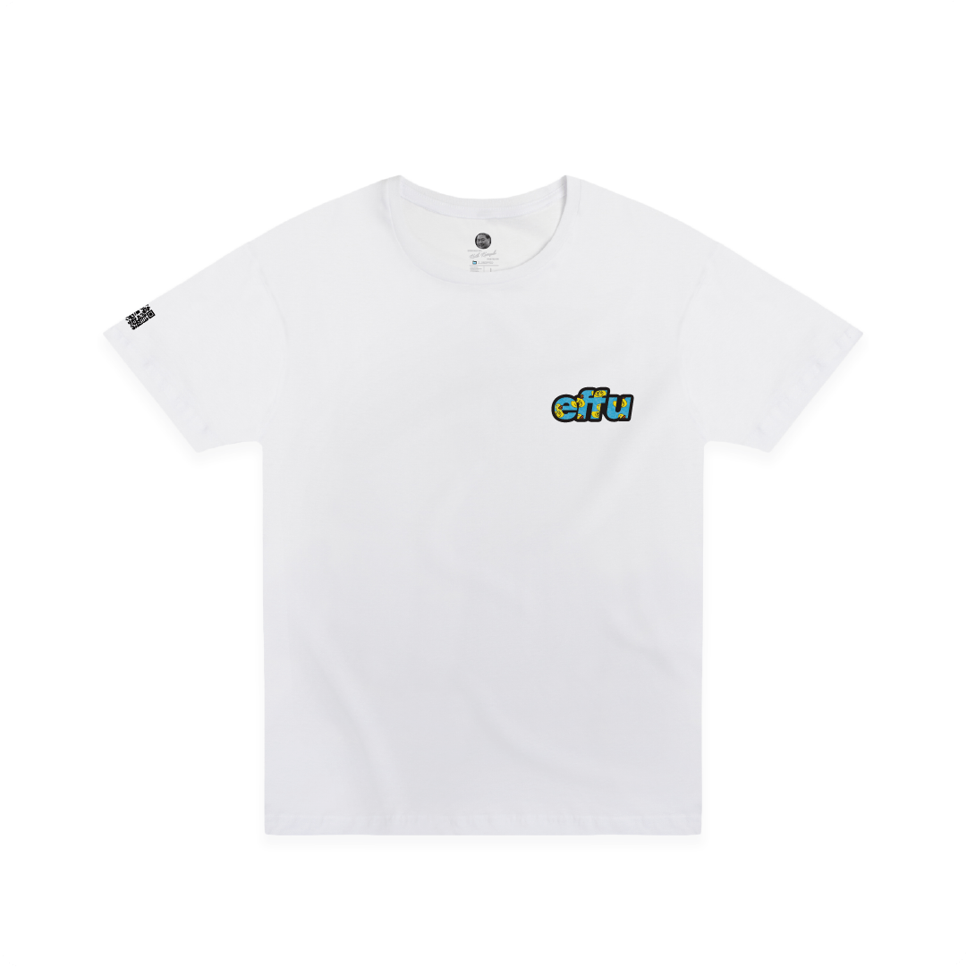 White t-shirt with a cyan effu logo on a white background
