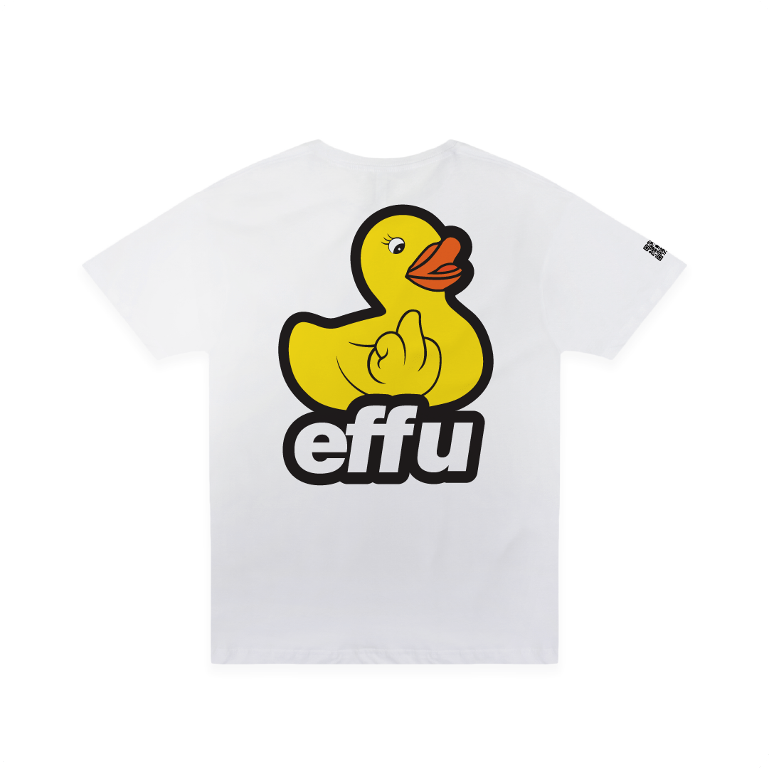 Rear view of a white t-shirt with a large yellow rubber duck and 'effu' text on a white background