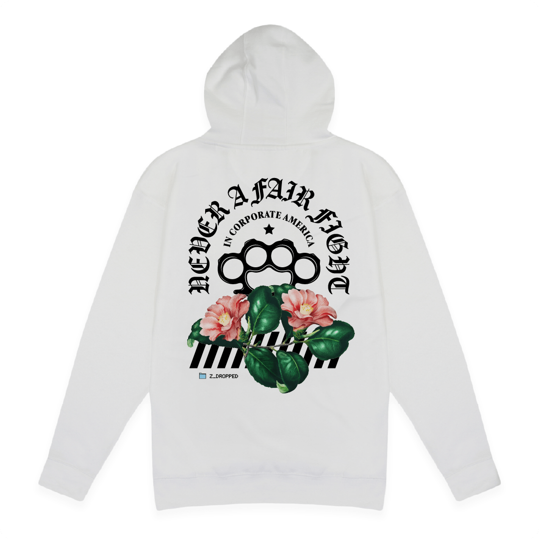 Rear view of a white hoodie with brass knuckle and floral design with black Never a Fair Fight text on the back against a white background