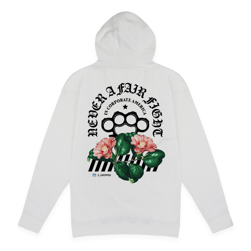 Rear view of a white hoodie with brass knuckle and floral design with black Never a Fair Fight text on the back against a white background