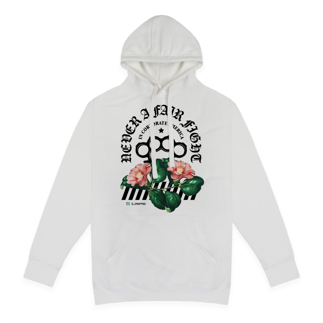 Front view of a white hoodie with brass knuckle and floral design with black Never a Fair Fight text on the front against a white background