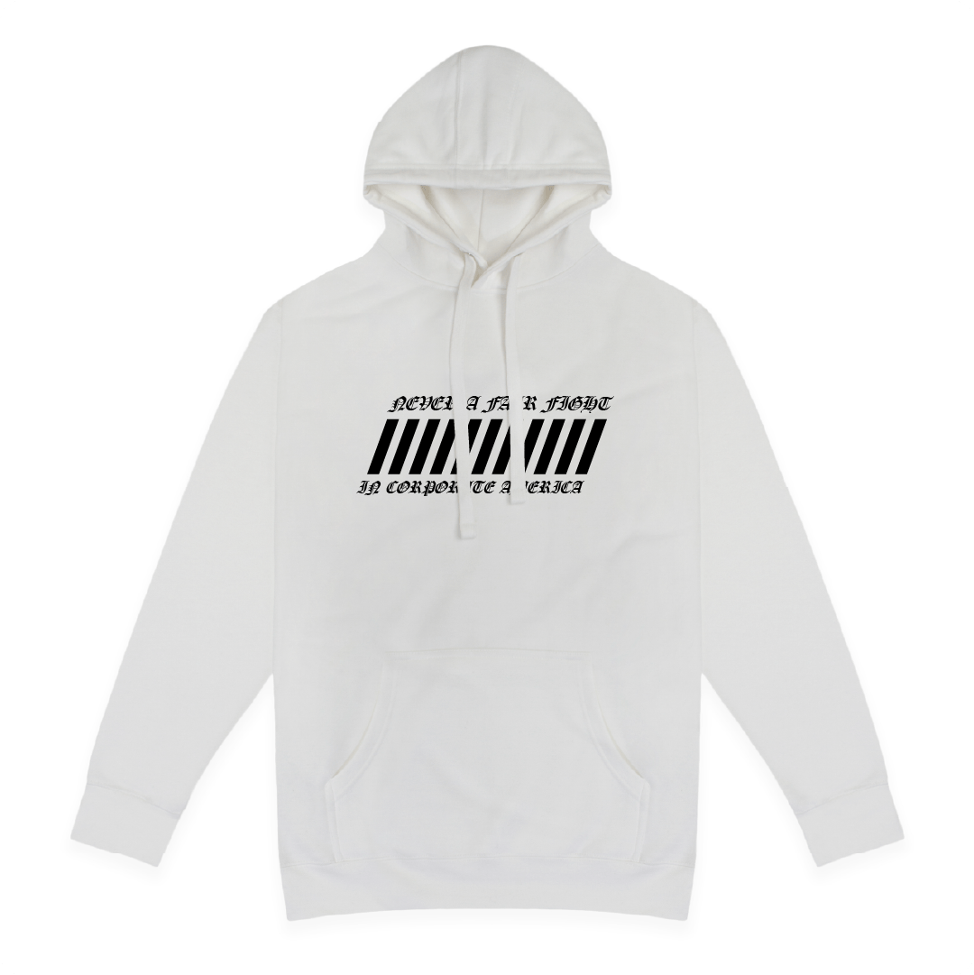 Front view of a White hoodie with black text on a white background