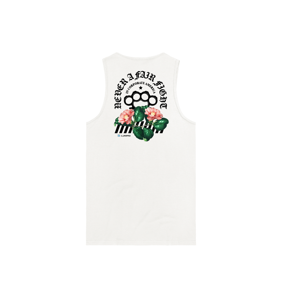Z_DROPPED - Mens, Unisex - White - Fair Fight Tank Top. - By: Chi Hom