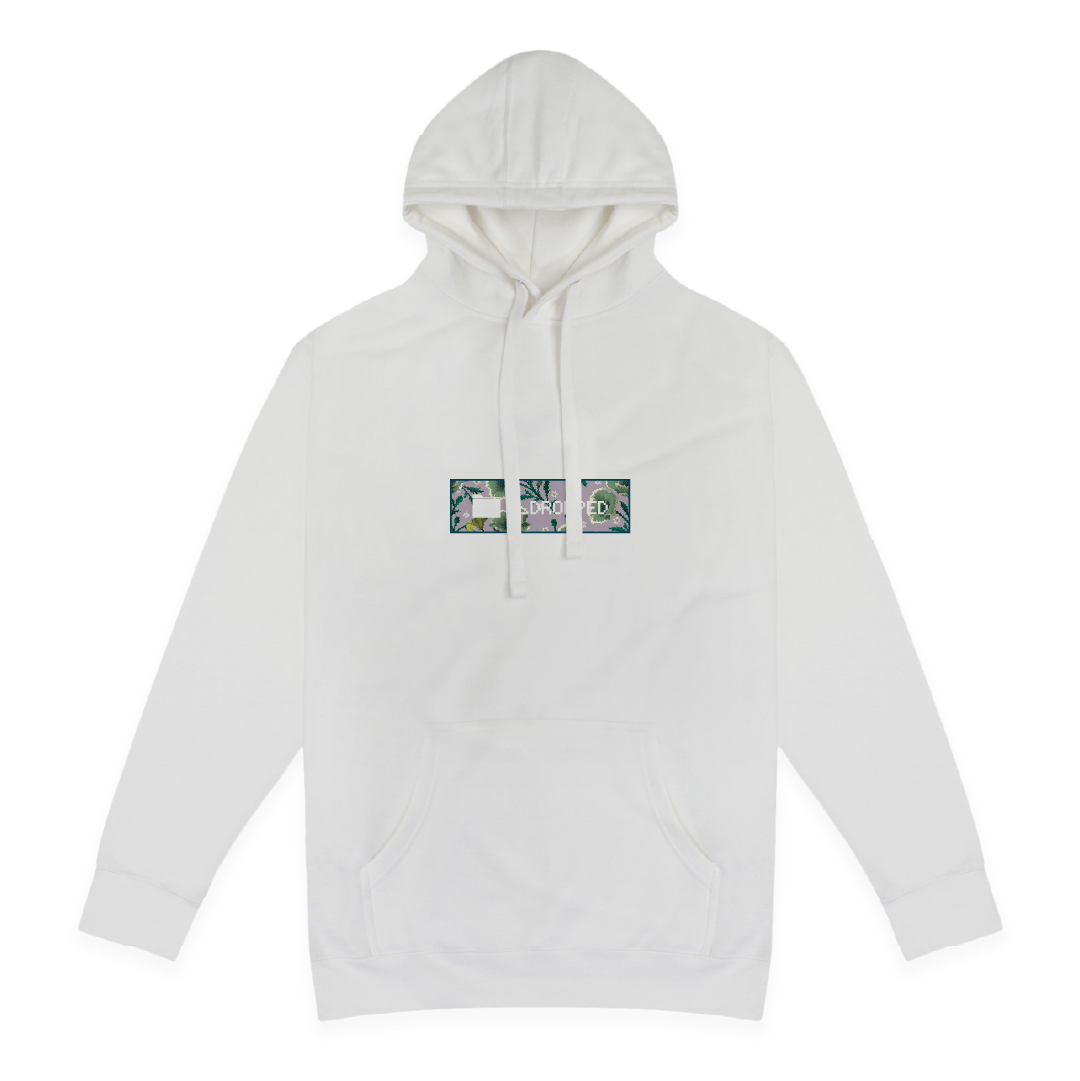 Front view of a unisex white hoodie with small zdropped floral bar logo graphic on a white background