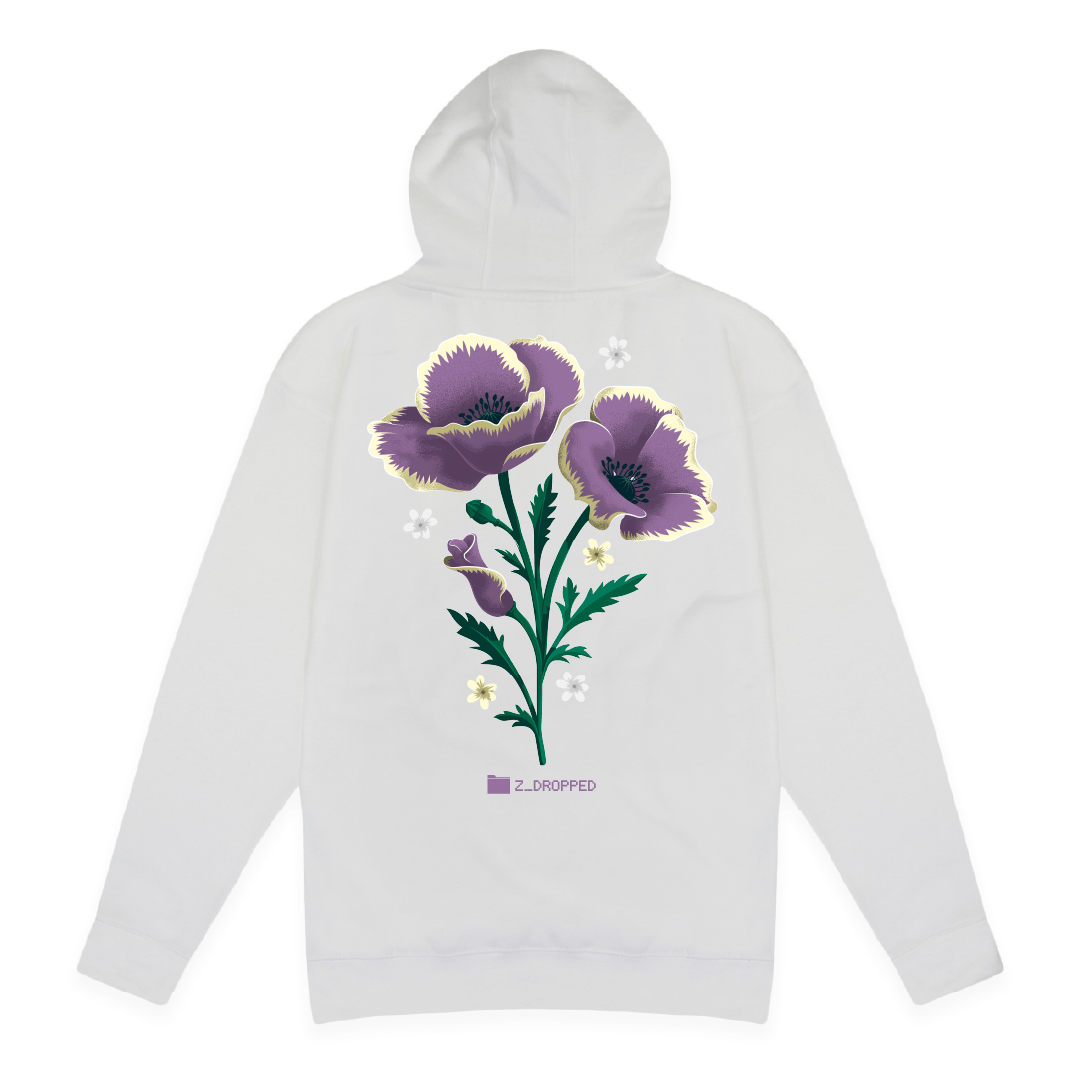 Rear view of a unisex white hoodie with purple floral design on a white background