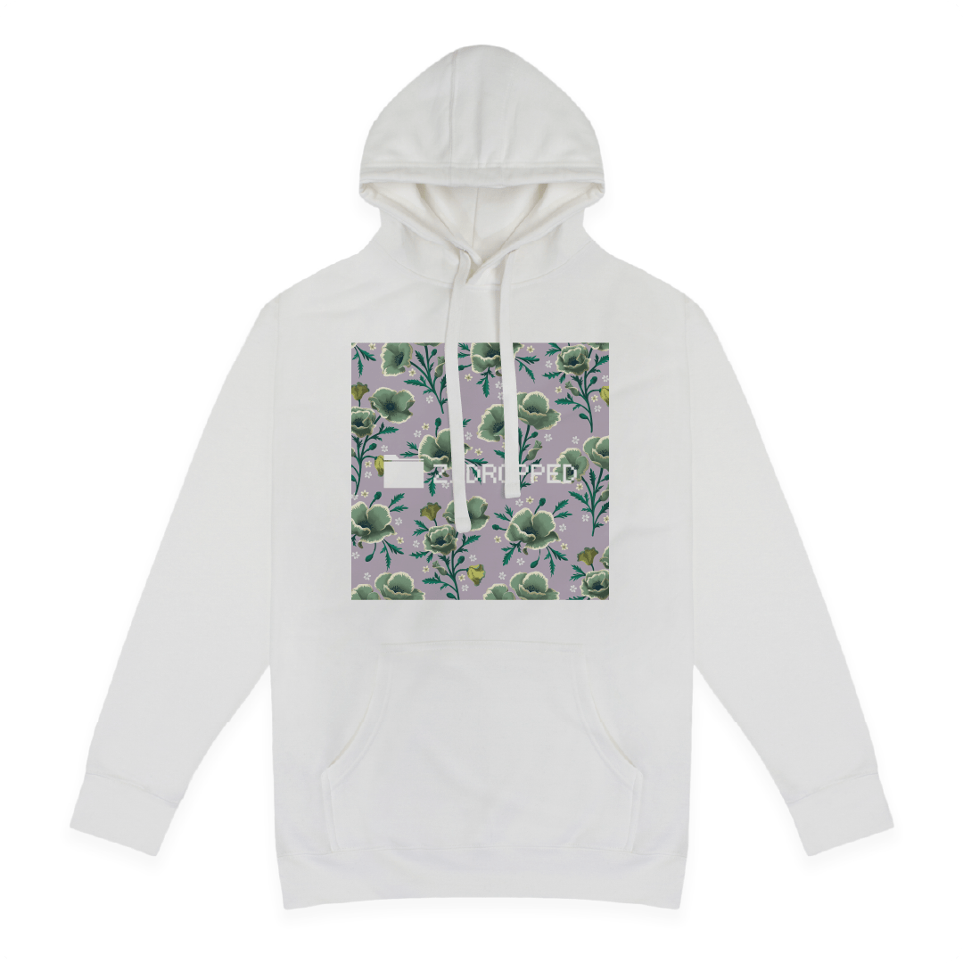 Front view of a unisex white hoodie with floral box design and text on a white background