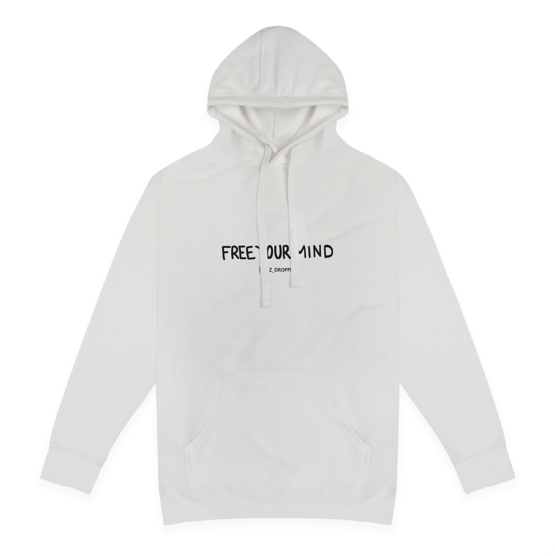 Front view of a white hoodie with black Free Your Mind text on a white background