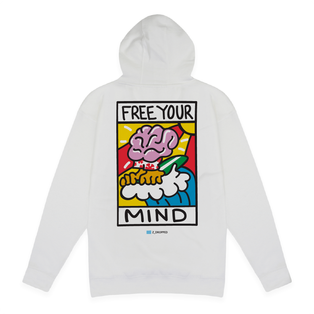 Rear view of a white hoodie with Free Your Mind text and a brain surfing a wave on a white background