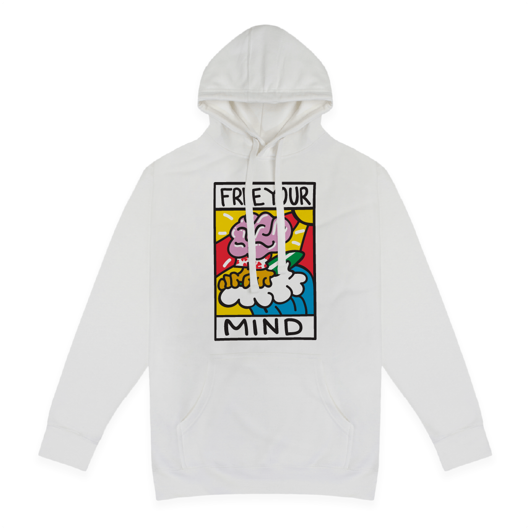 Rear view of a white hoodie with Free Your Mind text and a brain surfing a wave on a white background