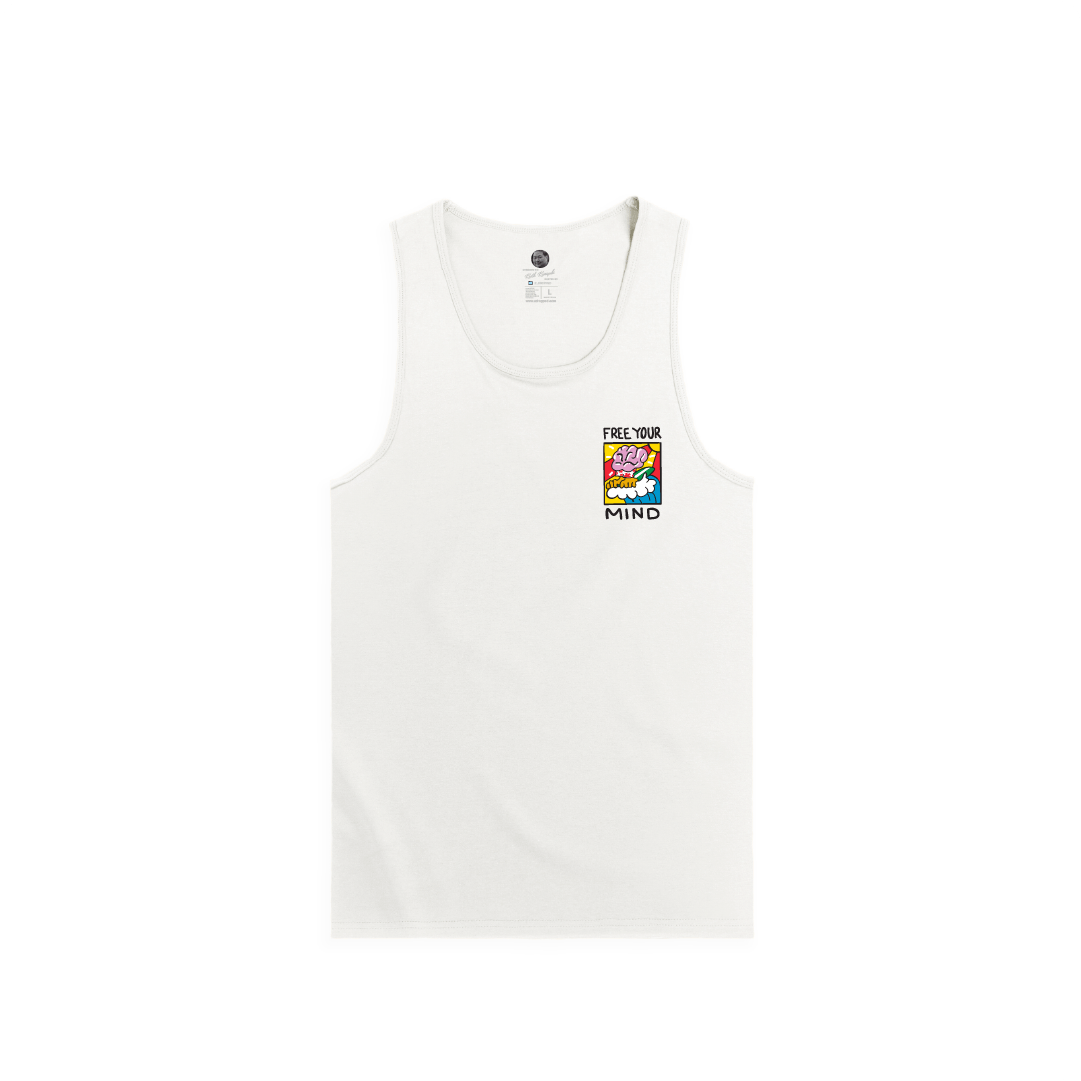 White tank top with colorful Free your Mind graphic and text on a white background