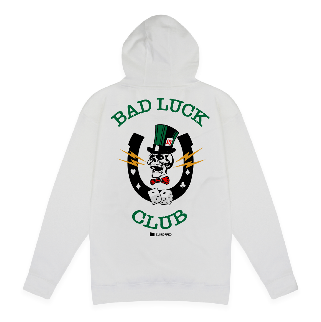 Rear view of a unisex white hoodie with 'Bad Luck Club' design featuring a high roller skull head with a green top hat with the number 13 and red bowtie  inside a black horseshoe with rolling dice centered on the back.