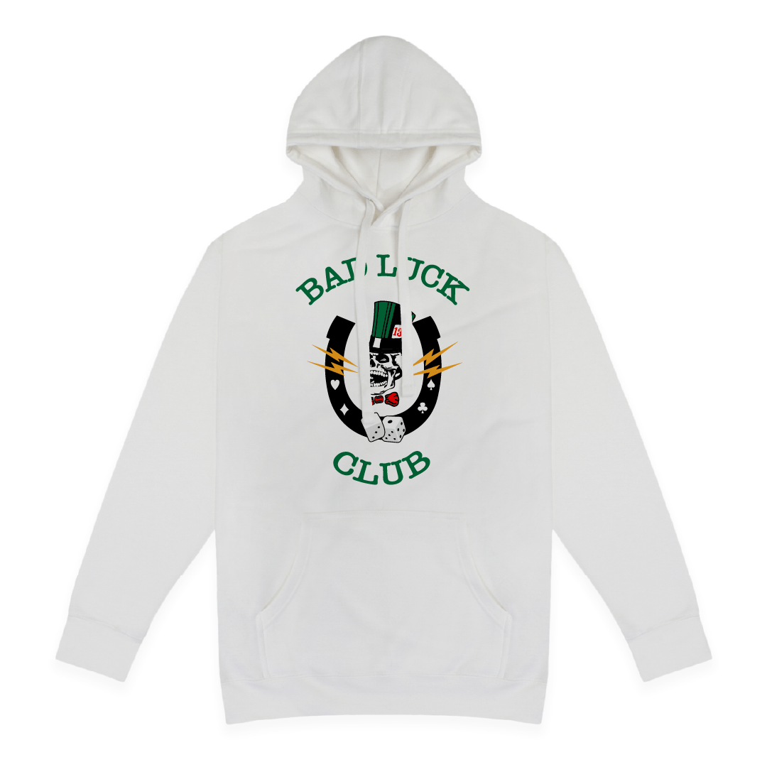 Front view of a unisex white hoodie with 'Bad Luck Club' design featuring a high roller skull head with a green top hat with the number 13 and red bowtie  inside a black horseshoe with rolling dice centered on the back.