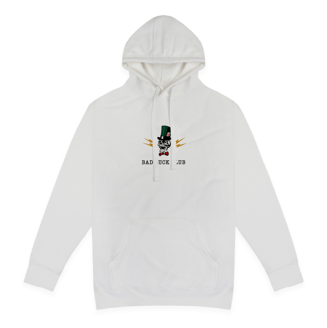Front view of a unisex white hoodie with 'Bad Luck Club' design featuring a high roller skull head with a green top hat with the number 13 and red bowtie  centered on the front.