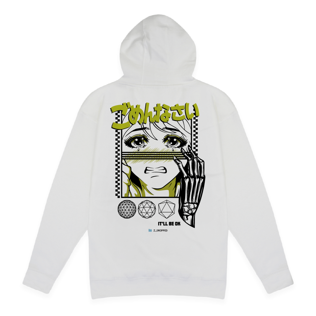 Rear view of a white hoodie with anime-style design on the back, featuring a character with a skeleton hand and neon yellow kanji.