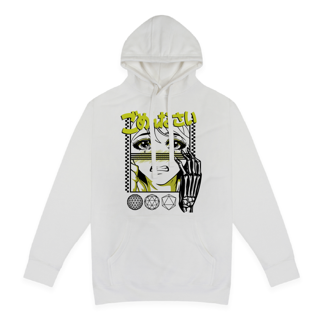 Front view of a white hoodie with anime-style design  featuring a character with a skeleton hand and neon yellow kanji.