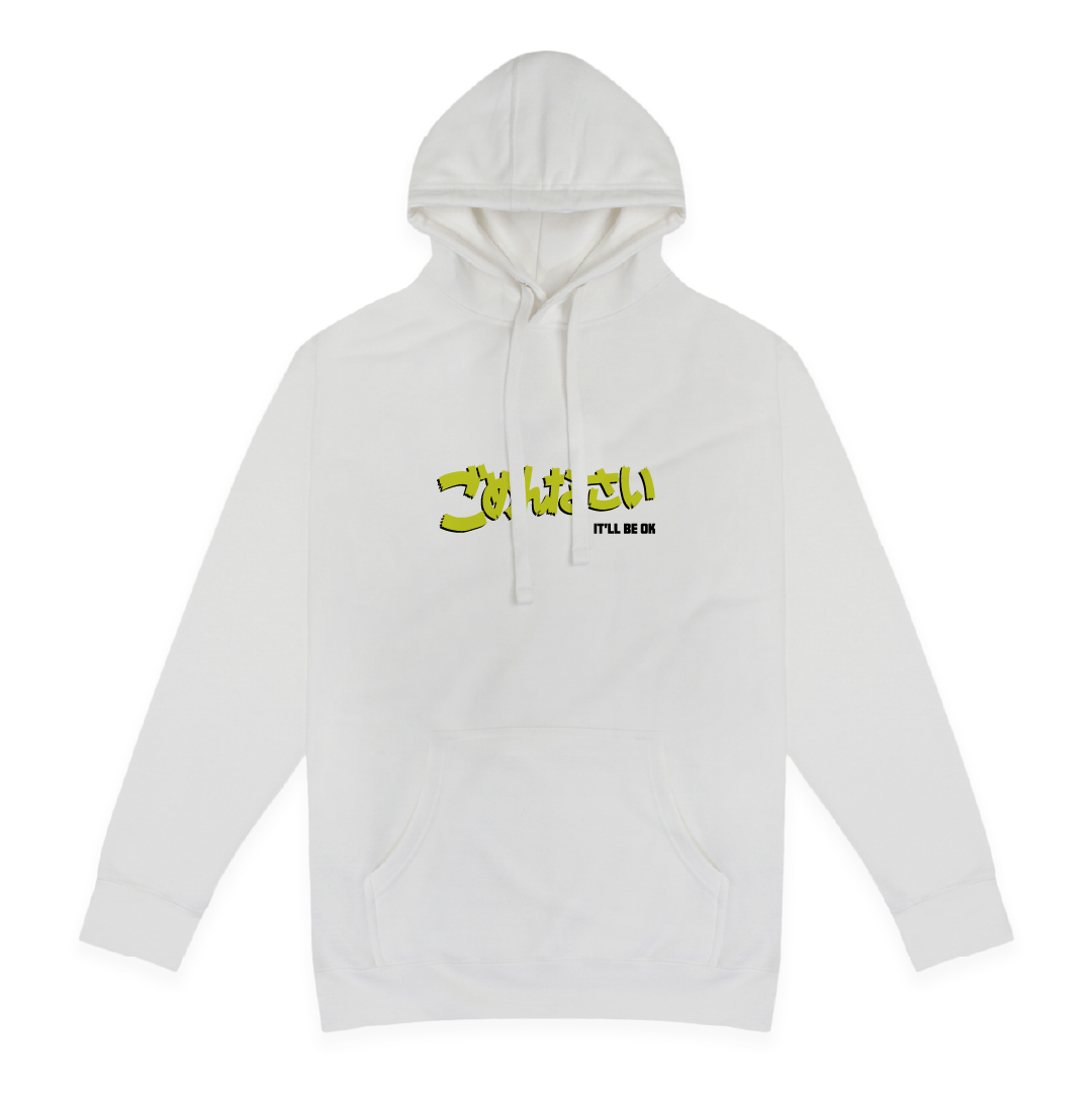 Front view of a white hoodie with neon yellow kanji on a white background