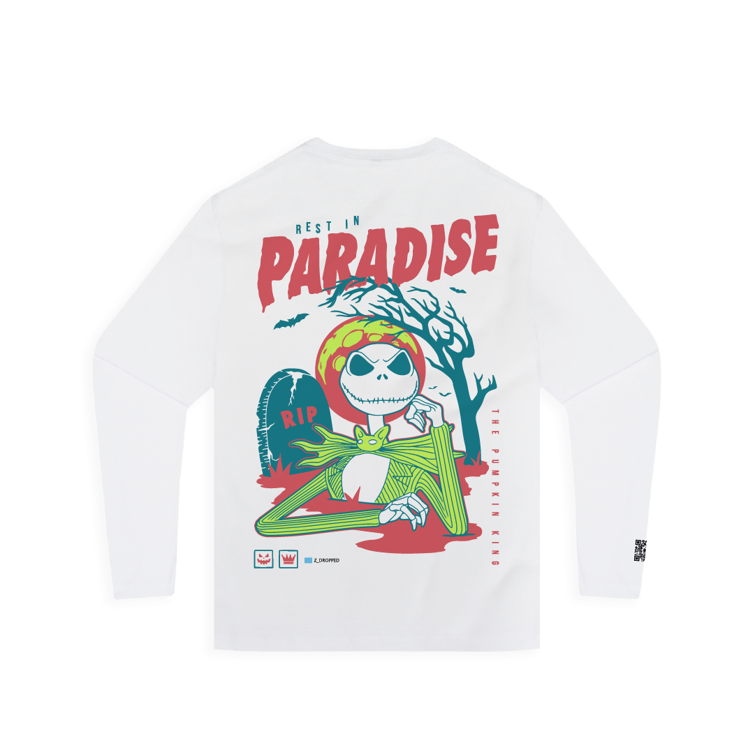 Front view of a white long sleeve tee with a colorful Skelton and 'Rest in Paradise' text on a white background