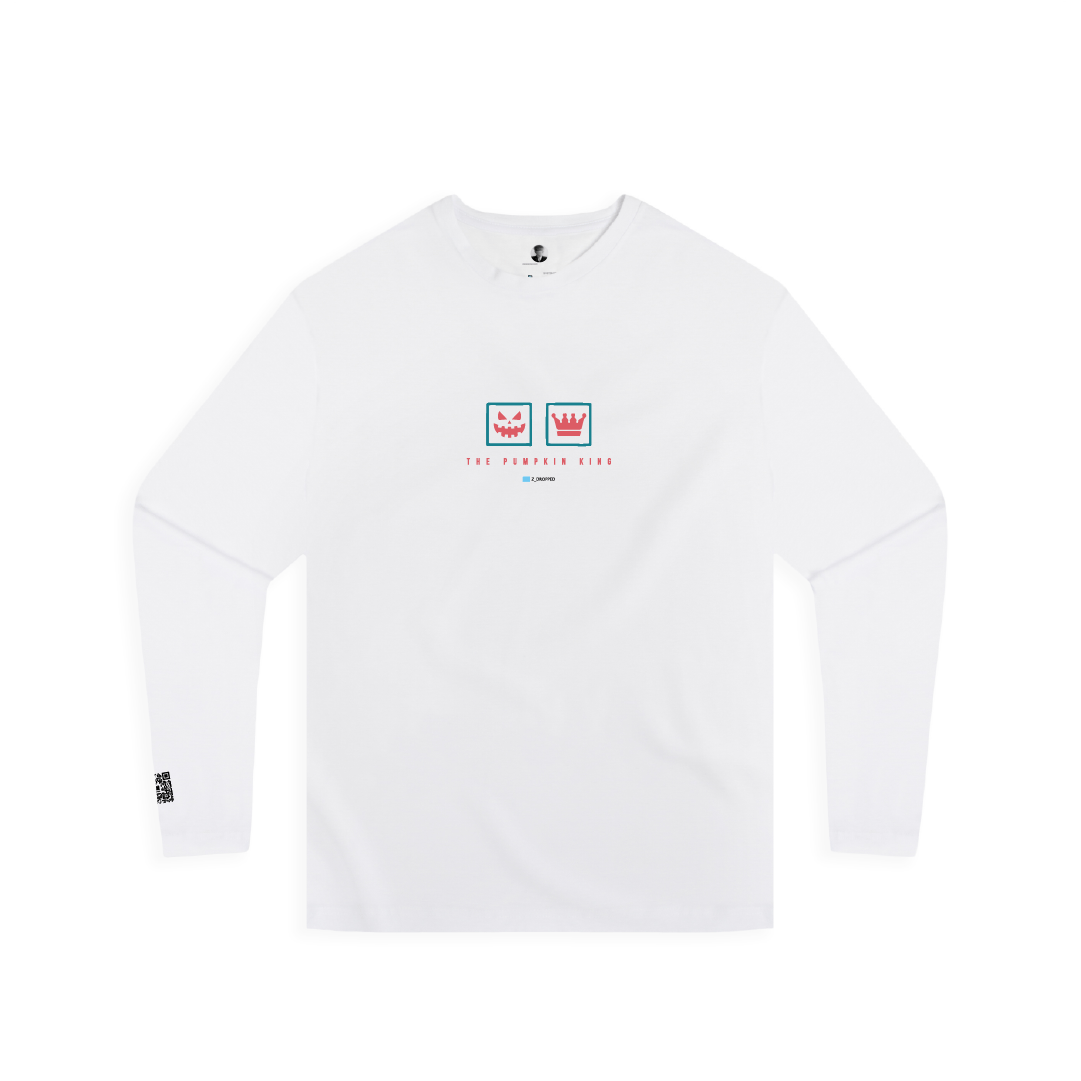 Front view of a white long sleeve tee with a colorful logo on the center chest on a white background
