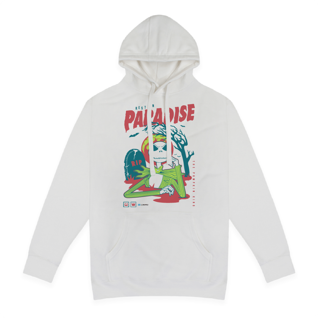 Front view of a white hoodie with a colorful Skelton and red 'Rest in Paradise' text on a white background