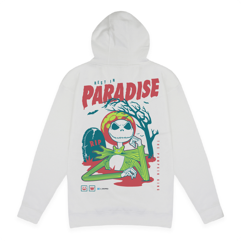 Rear view of a unisex white hoodie with a colorful Skelton and 'Rest in Paradise' text on a white background