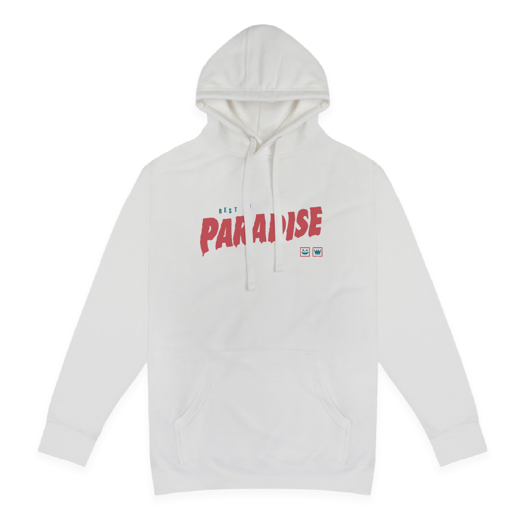 White hoodie with red "Rest in Paradise' text on a white background