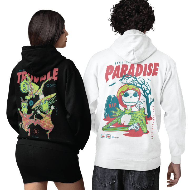 Two people wearing hoodies with colorful designs on the back, one black and one white.