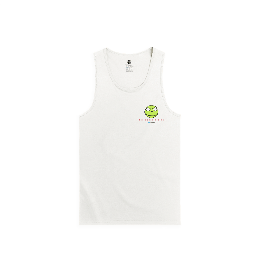 White tank top with a green skeleton head logo on a white background