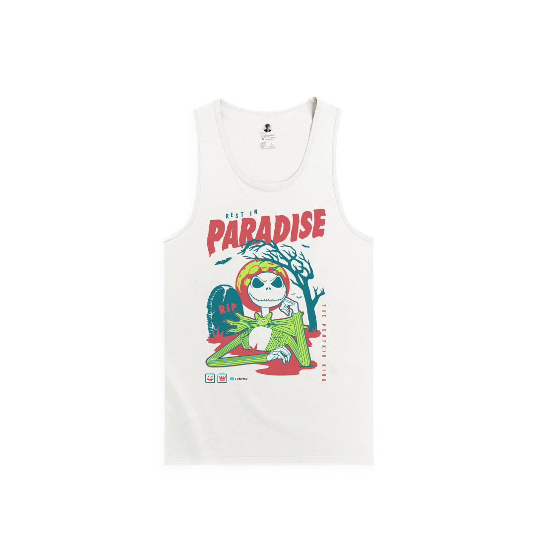Front view of a white tank top with a colorful Skelton and red 'Rest in Paradise' text on a white background