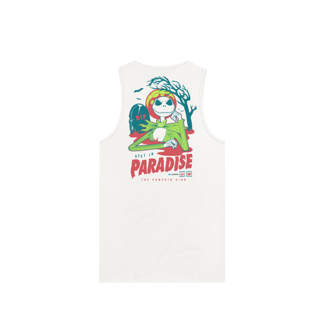 Rear view of a white tank top with a colorful Skelton and red 'Rest in Paradise' text on a white background