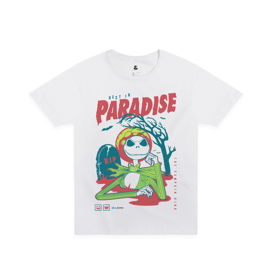 Front view of a white t-shirt with a colorful Skelton and blue 'Rest in Paradise' text on a white background