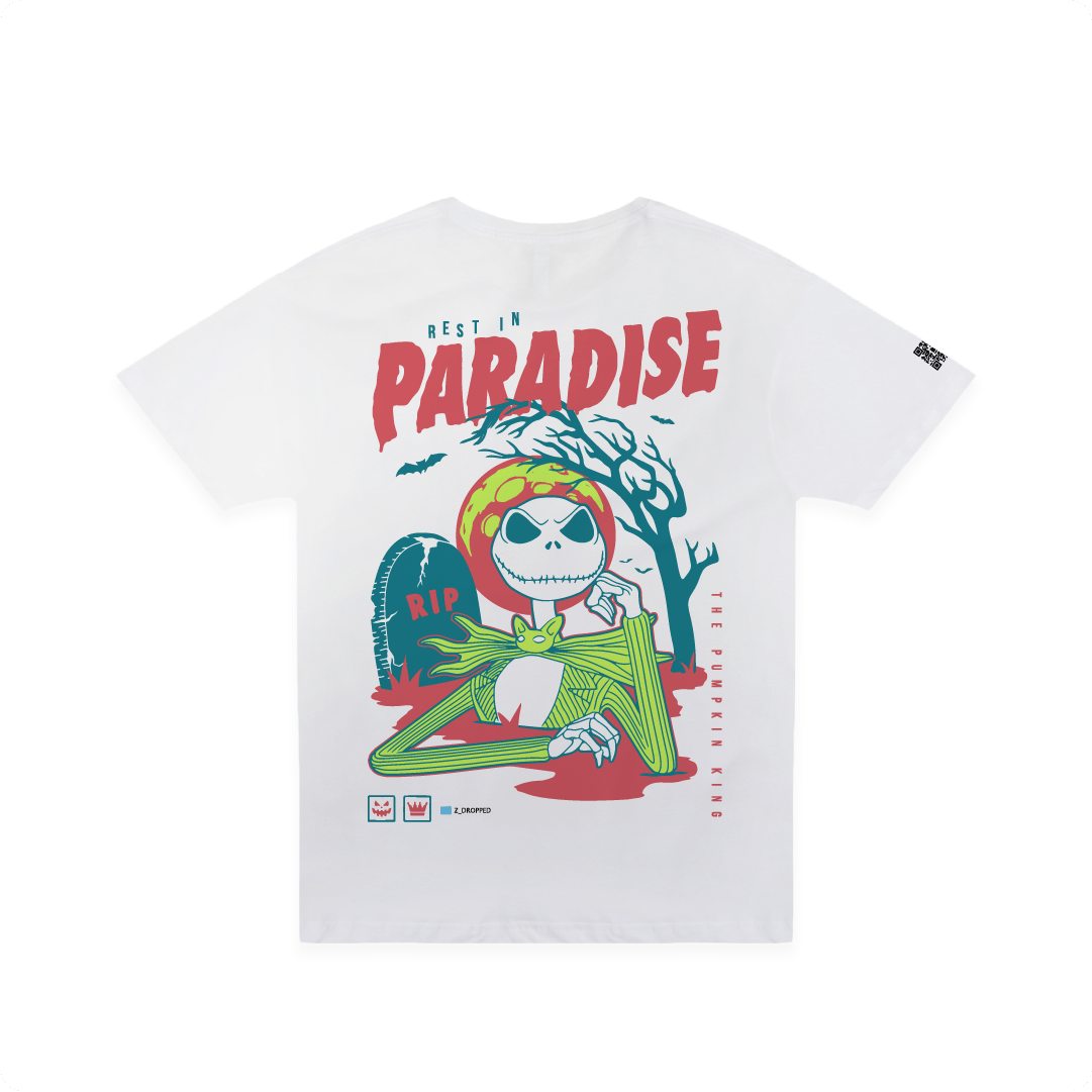 rear view of a mens t shirt with a holloween vibes on the back on a white background.