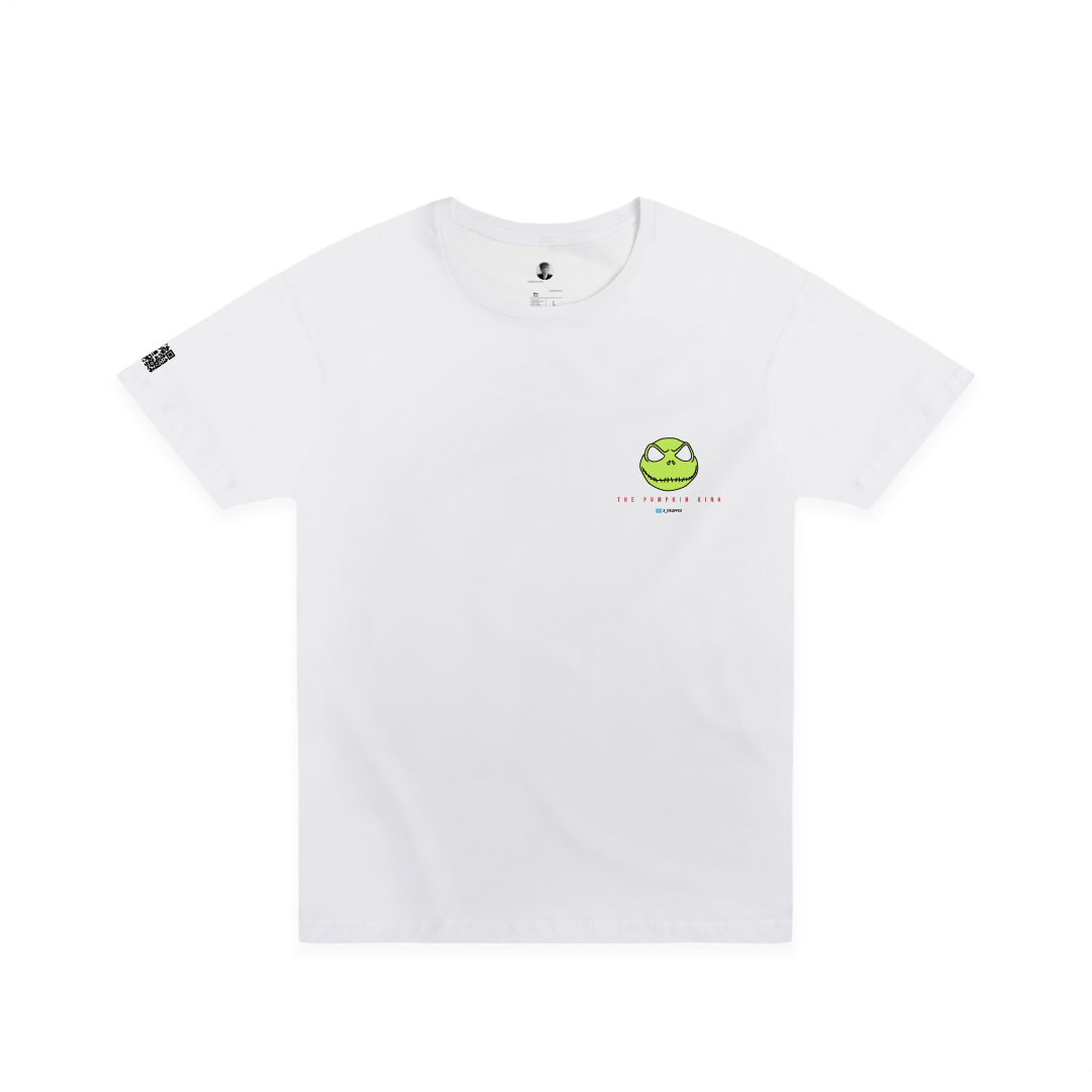 Front view of a white t-shirt with a colorful Skelton and blue 'Rest in Paradise' text on a white background