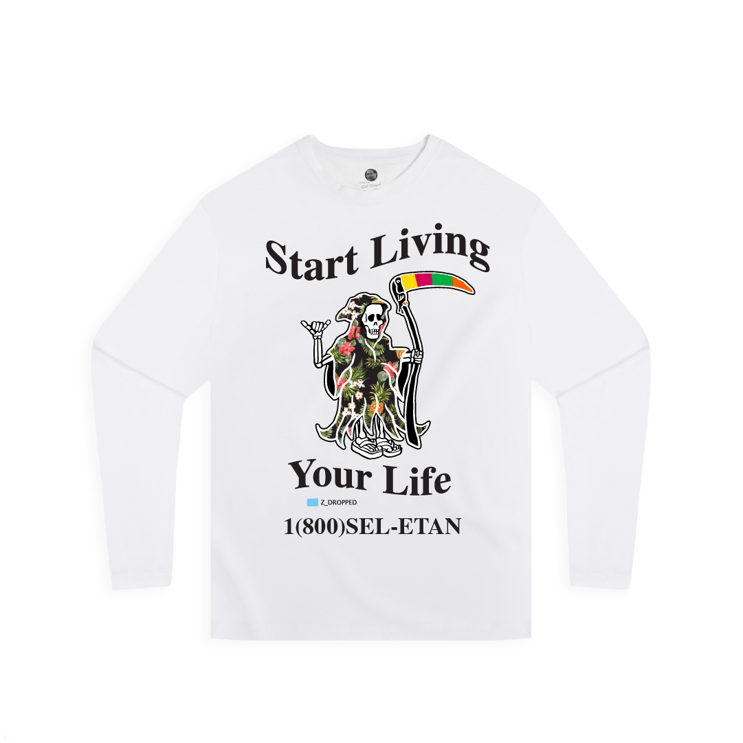 Front view of a unisex white long-sleeve shirt with a grim reaper graphic and black start living your life text on a white background