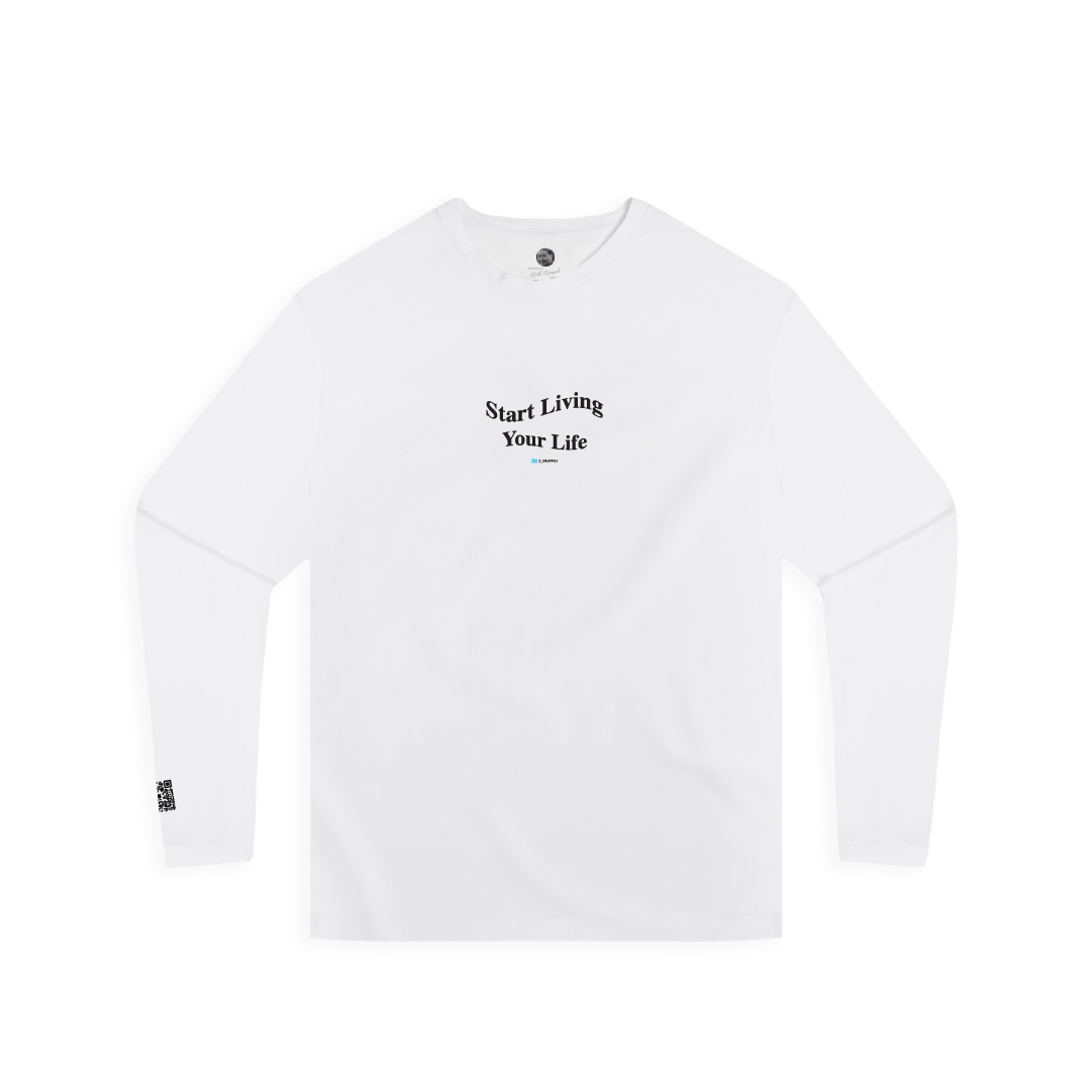 Front view of a white unisex long-sleeve shirt with start living your life text on a white background