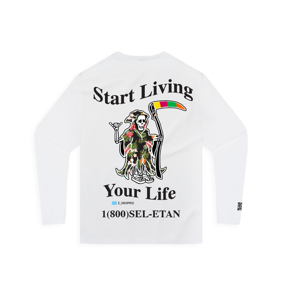 Rear view of a unisex white long-sleeve shirt with a grim reaper graphic and black start living your life text on a white background
