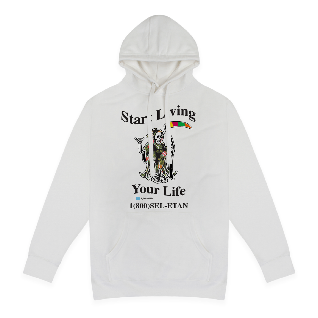 Front view of a white hoodie with a grim reaper and black Start Living Your Life text on a white background