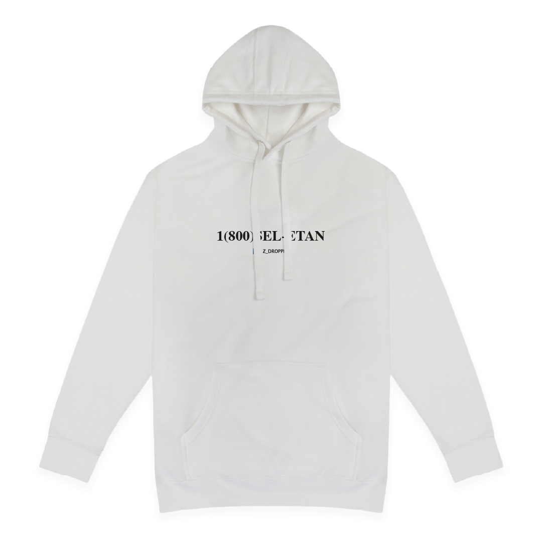 Front view of a white hoodie with black 1 800 SEL ETAN text on a white background