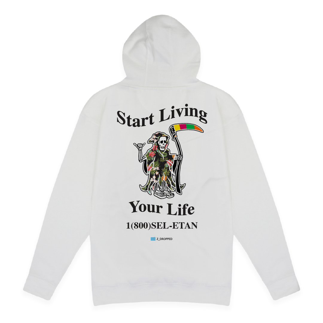 Rear view of a white hoodie with a grim reaper and  black Start Living Your Life text on a white background