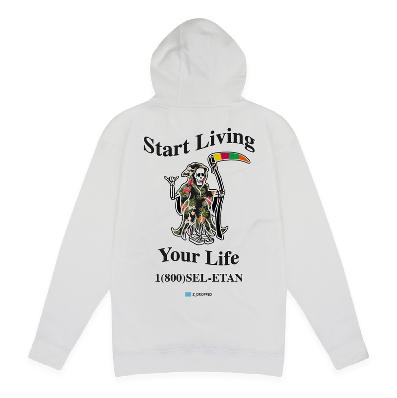 Rear view of a white hoodie with a grim reaper and  black Start Living Your Life text on a white background