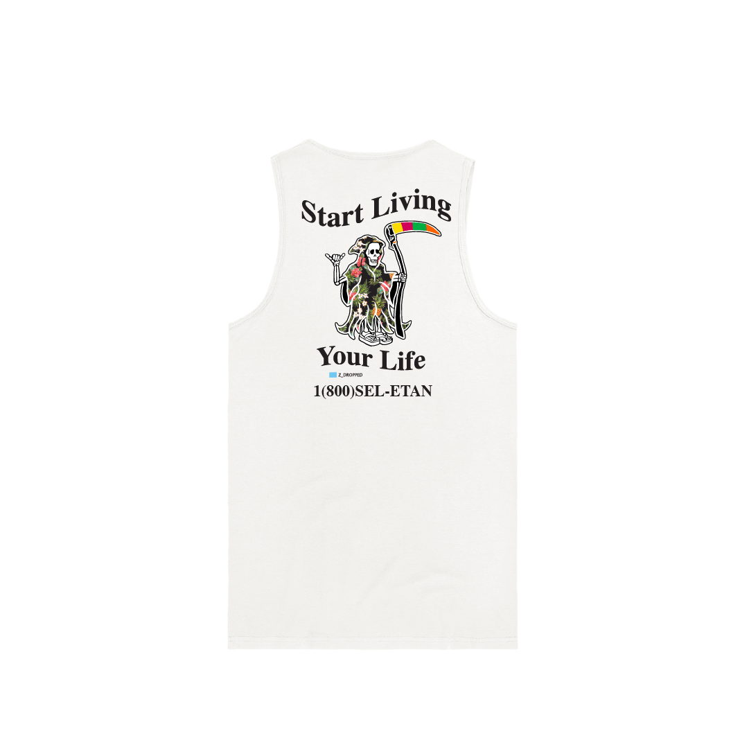 Rear view of a white unisex tank top with a Grim Reaper graphic and black Start living your Life text on a white background