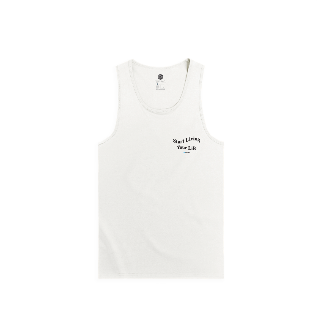 Front view of a white unisex tank top with black start living your life text on a white background