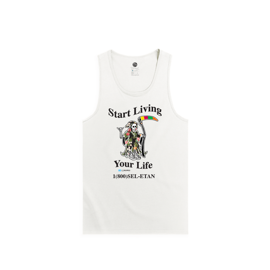 Front view of a White unisex tank top with a grim reaper graphic skeleton and black Start Living Your Life text on a white background