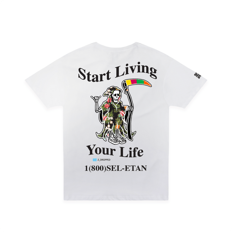 Rear view of a white unisex t-shirt with a Grim Reaper graphic and black Start living your Life text on a white background