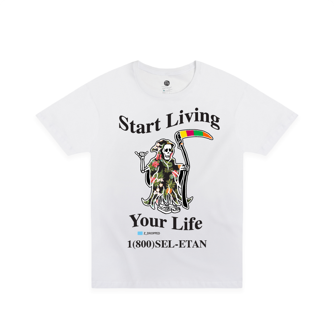 Front view of a White unisex t-shirt with a grim reaper graphic skeleton and black Start Living Your Life text on a white background