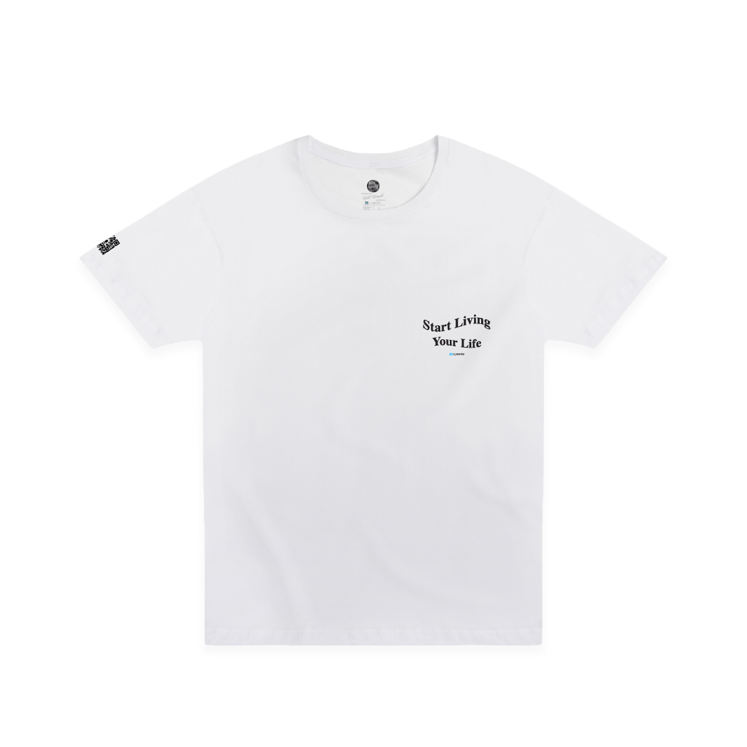 Front view of a white unisex t-shirt with black start living your life text on a white background
